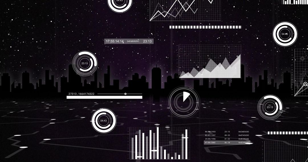 Futuristic HUD and Digital Data Over City Skyline at Night