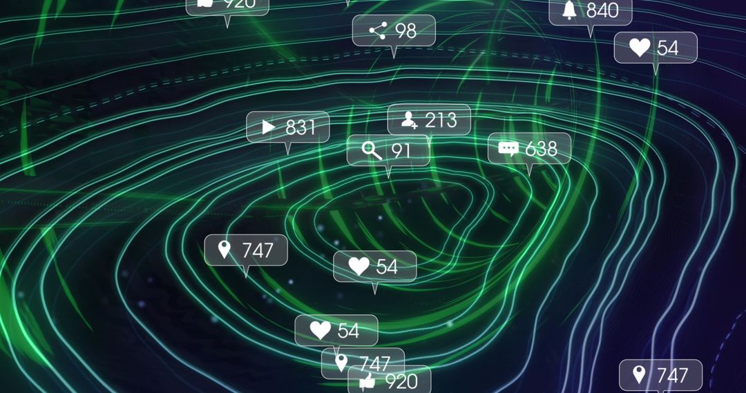 Neon Digital Contour Network with Social Icons in Virtual Space