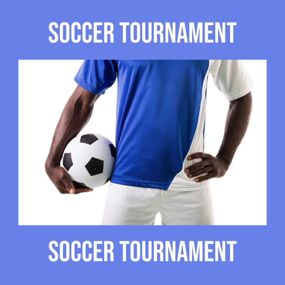 Focused Soccer Player Holding Ball with Bold Tournament Text