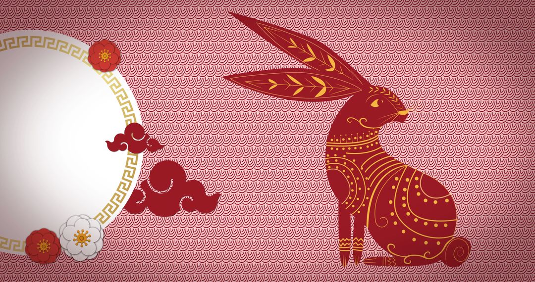 Elegant Red Rabbit and Circular Motif on Ornate Patterned Background