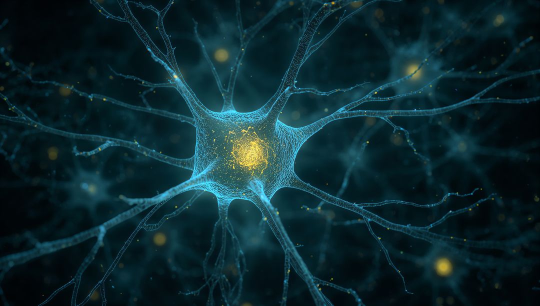 Neuron Cell with Glowing Nucleus and Dendrites in Neural Network
