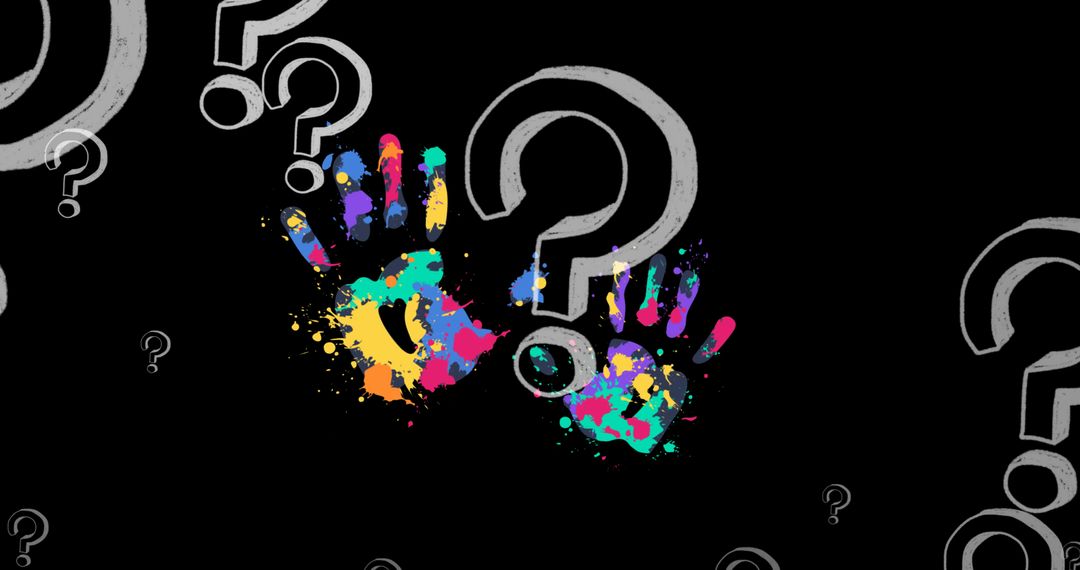 Colorful Handprints and Question Marks on Black Background