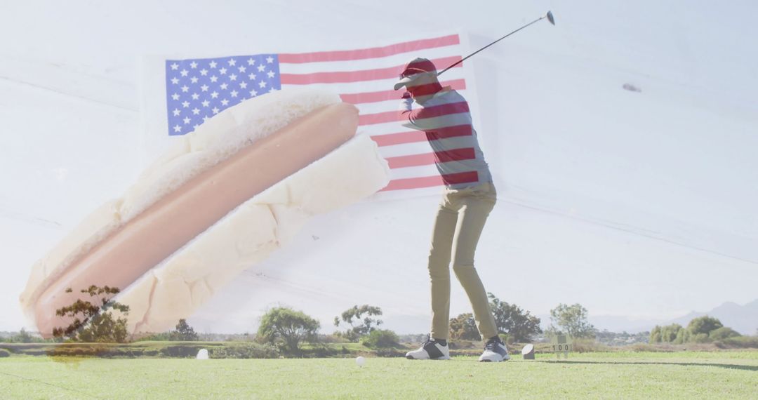 Golfer Swinging with Americana Elements Merged Creative Concept