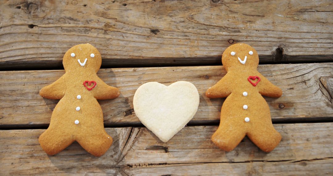 Gingerbread Cookies with Heart on Wooden Table, Festive Holiday Treats - Free Images, Stock Photos and Pictures on Pikwizard.com