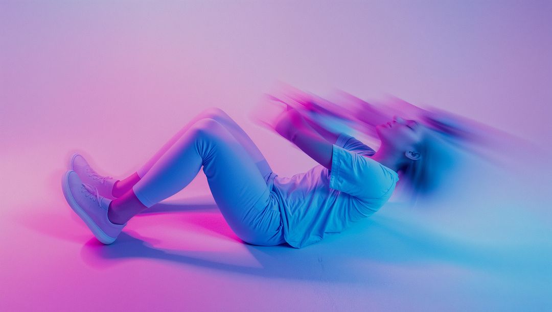 Woman Performing Sit-Up with Motion Blur in Pastel Studio Lighting