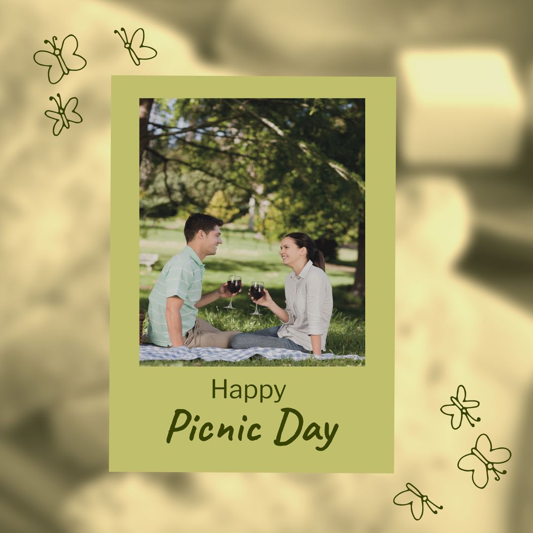 Happy Picnic Day Couple Enjoying Wine Outdoors