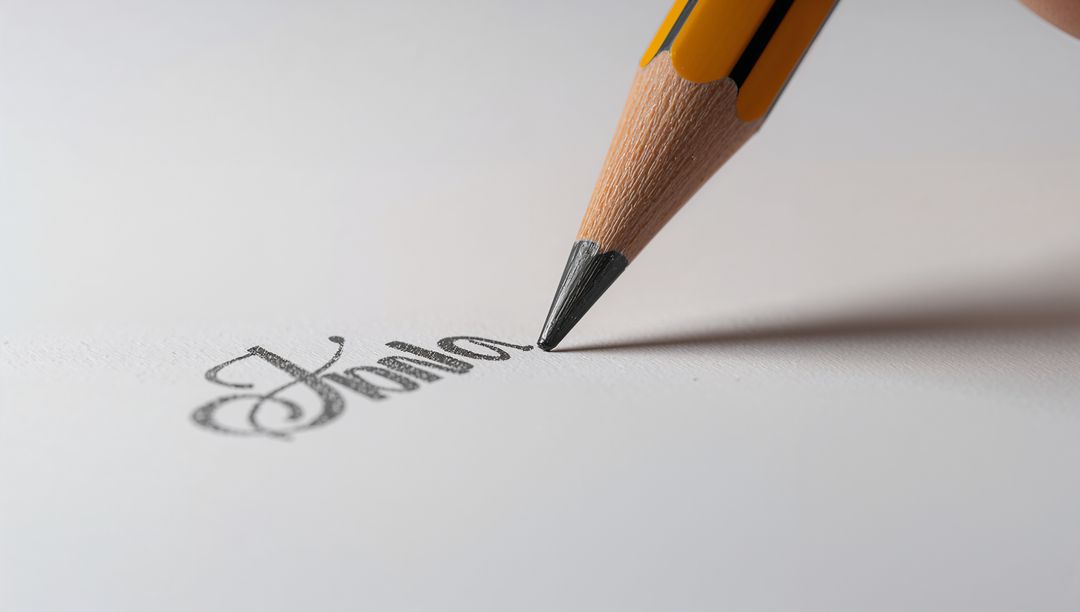 Sharp Yellow Pencil Creating Elegant Cursive Graphite Lettering on White Paper Closeup