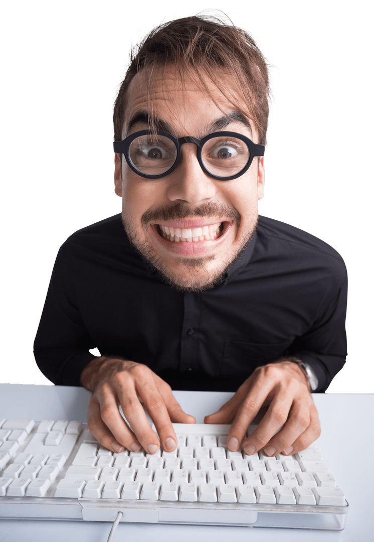 Excited Bearded Man Typing on Keyboard with Transparent Background