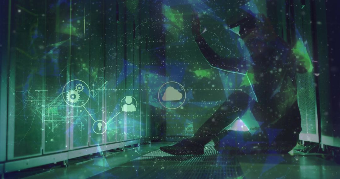 Technician Servicing Server Rack in Futuristic Data Center