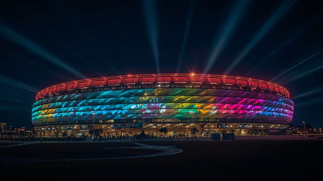 Illuminated Stadium at Night with Colorful LED Display