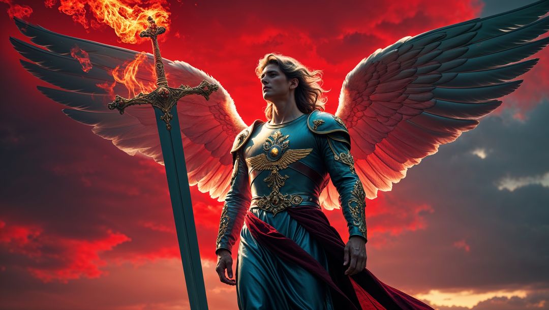 Majestic Armored Angel with Flaming Sword at Dusk
