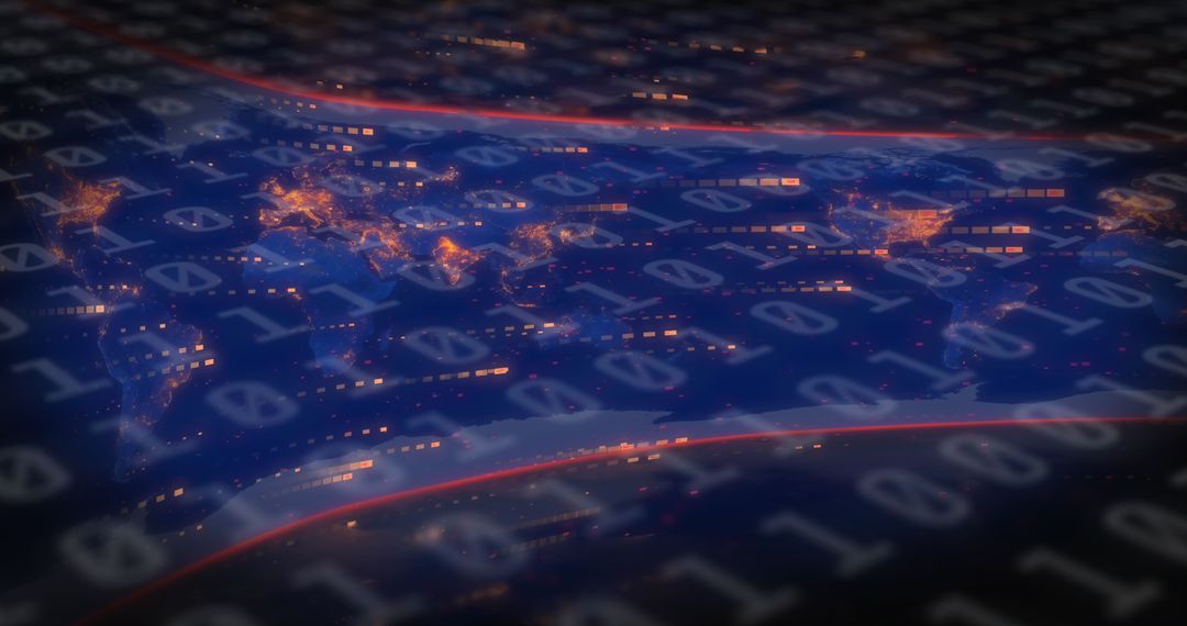 Digital World Map with Binary Code Overlay Illustrating Global Data Exchange