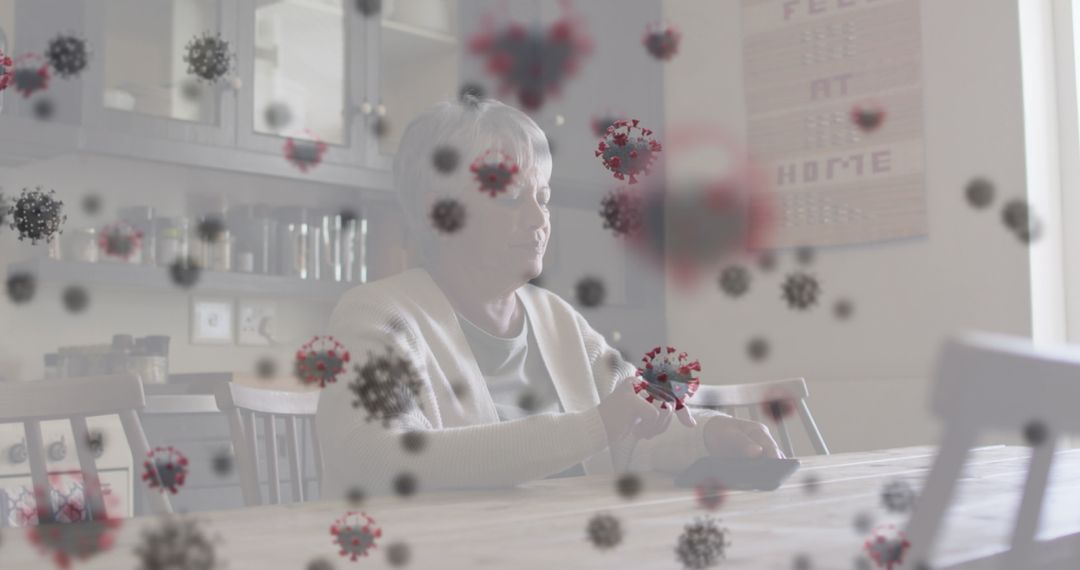 Elderly Woman Using Device at Home with Virus Overlay Effect