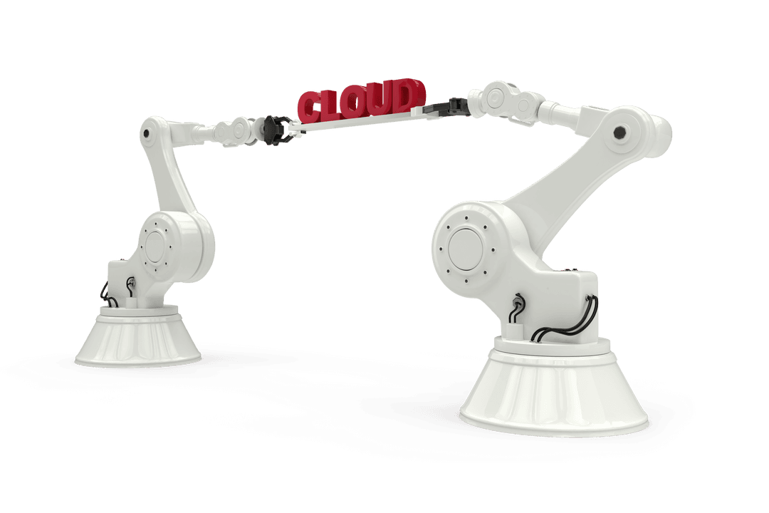 Robotic Arms Holding Red Cloud Text on Transparent Background