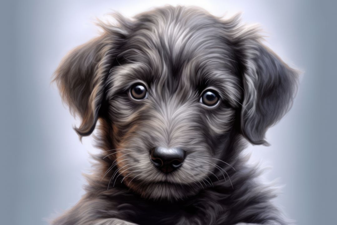 Portrait of cute grey puppy with dark eyes, blue background, created using generative ai technology - Free Images, Stock Photos and Pictures on Pikwizard.com