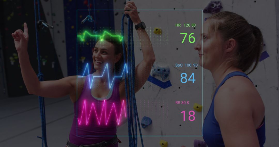 Active Women Climbing with Heart Rate Monitors in Gym