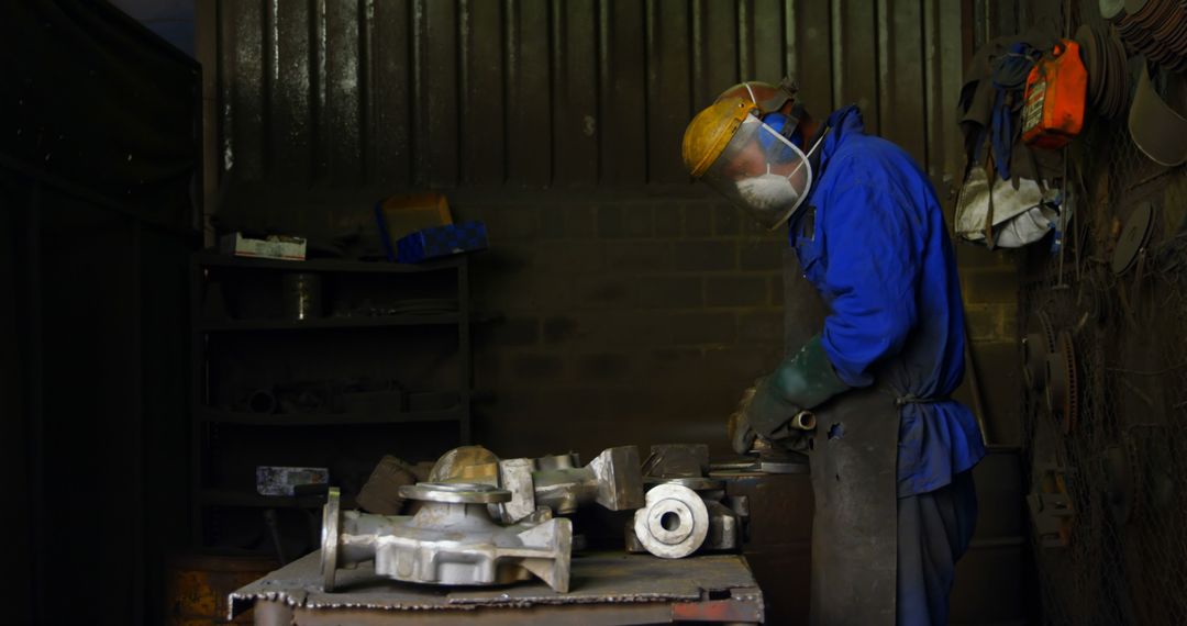 Metal Worker in Blue Protective Gear Working in Workshop - Free Images, Stock Photos and Pictures on Pikwizard.com