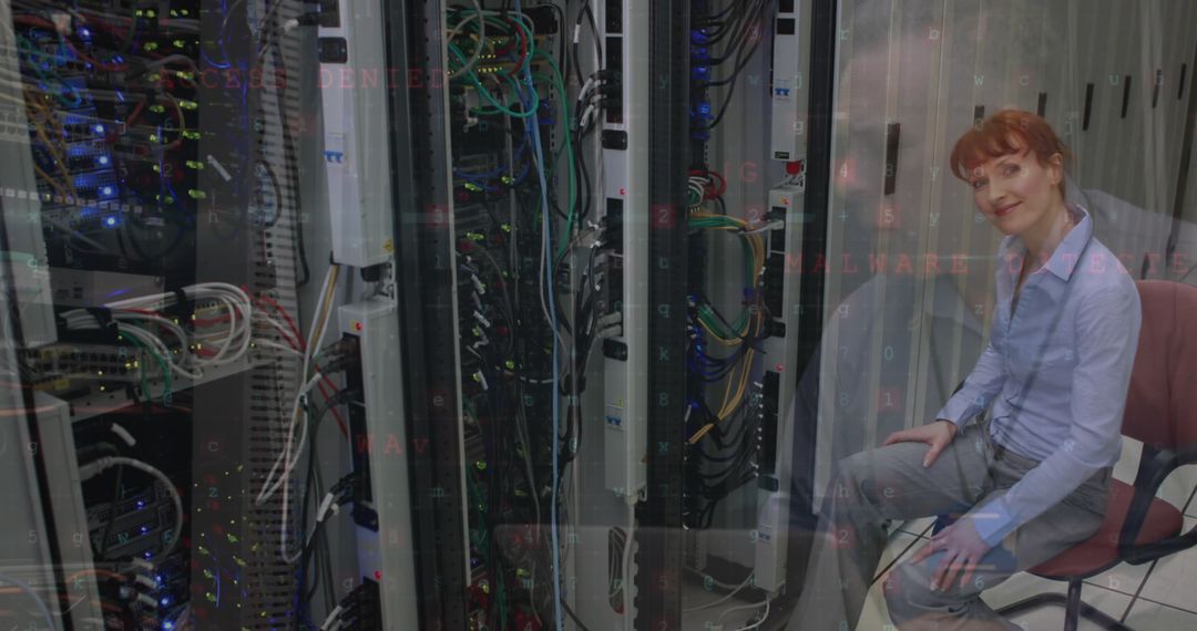 Professional Woman in Advanced Server Room Analyzing Data Networks