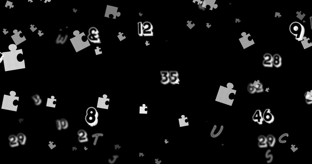 Puzzle Pieces and Numbers Floating on Black Background