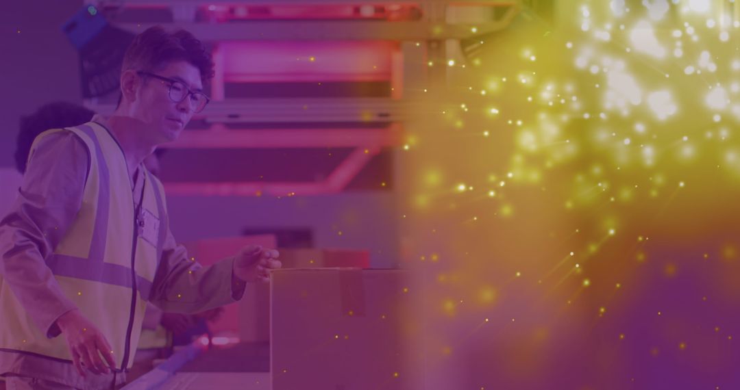 Warehouse Worker Focused in Lively Ambient Lighting