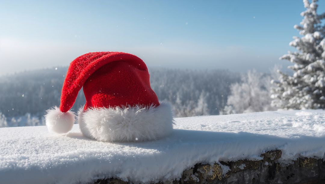 Red Santa Hat on Snowy Ledge Overlooking Frosted Valley with Evergreen Forest and Blue Sky