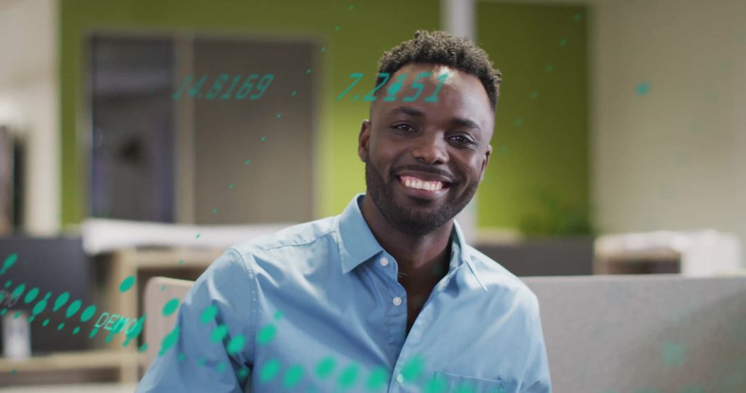 Smiling Businessman with Futuristic Data Display in Office Environment