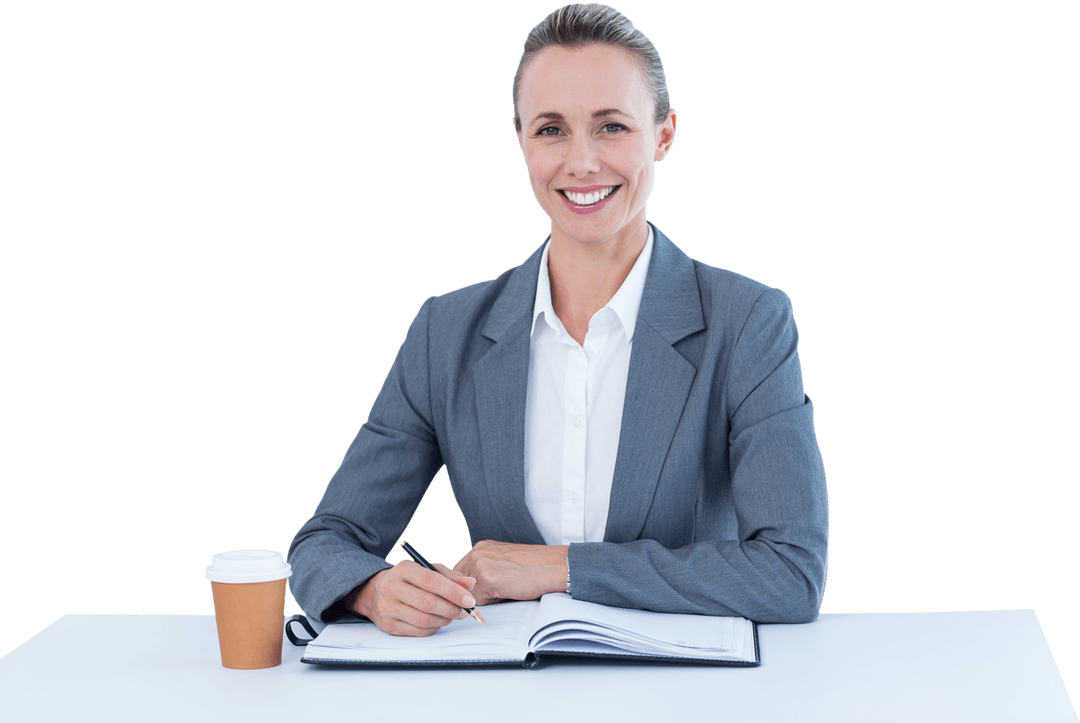 Transparent Happy Businesswoman Working with Notebook in Office Setting