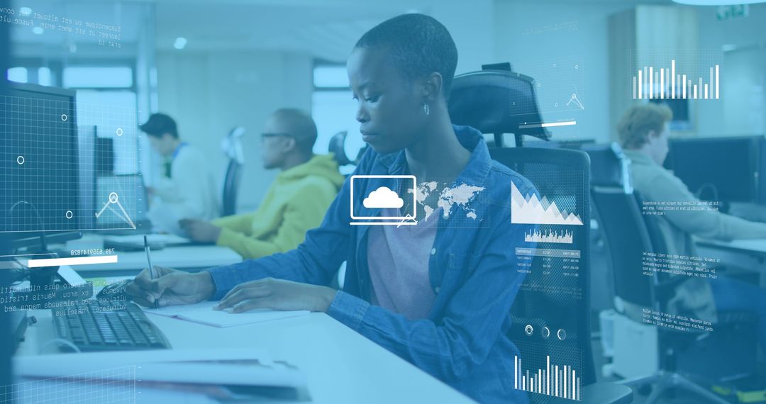 Financial Data Analysis with Businesswoman in Modern Office Setting