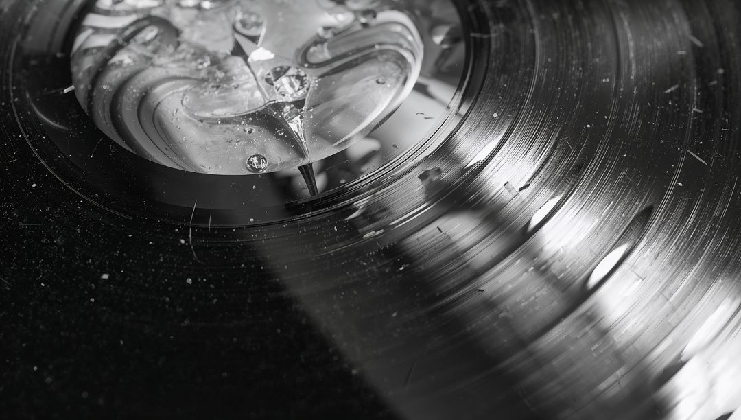 Macro vinyl record grooves with stylus contacting marbled label, dust and texture close-up