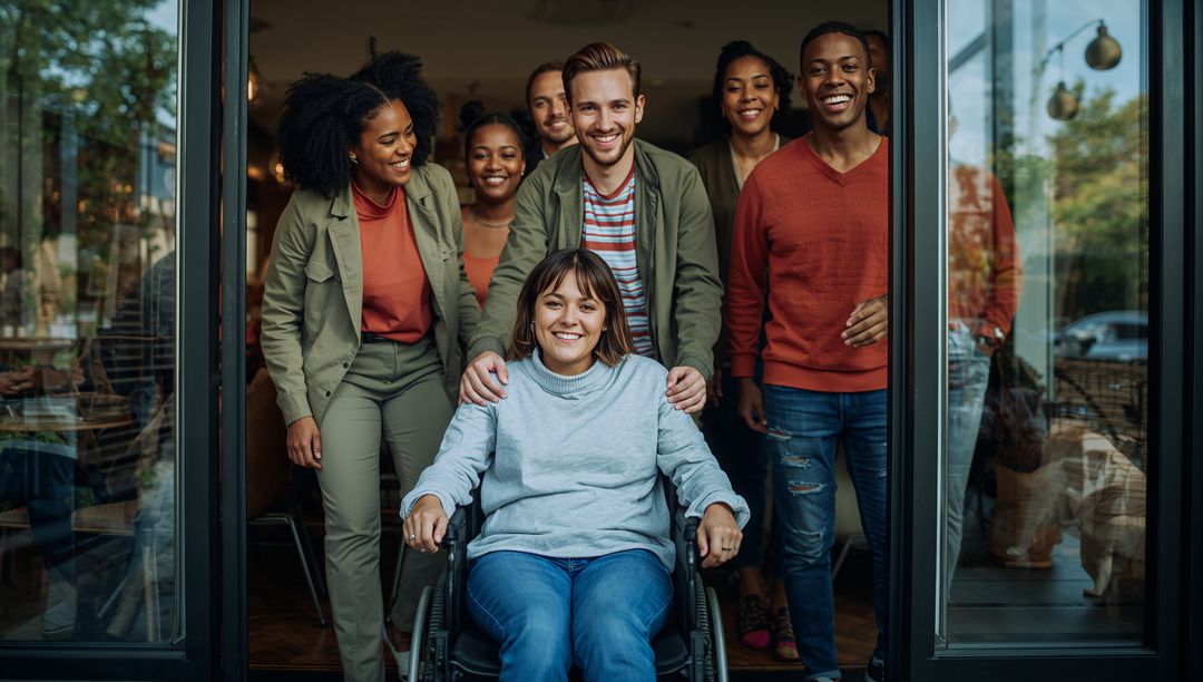 Smiling Diverse Friends Posing at Cafe Entranced Together