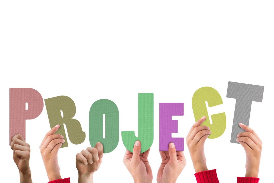 Hands Holding Colorful Project Word on Transparent Background