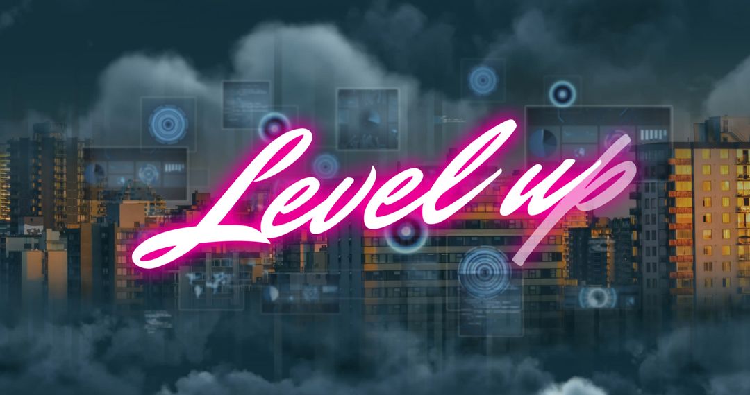 Level Up Concept with Digital Interface Over Cityscape