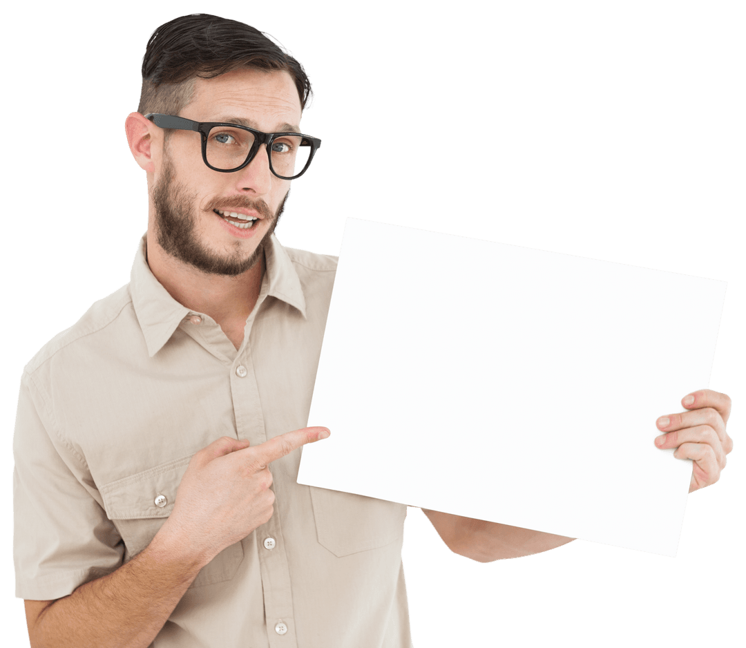 Transparent PSD of Geeky Man Pointing at Blank Sign