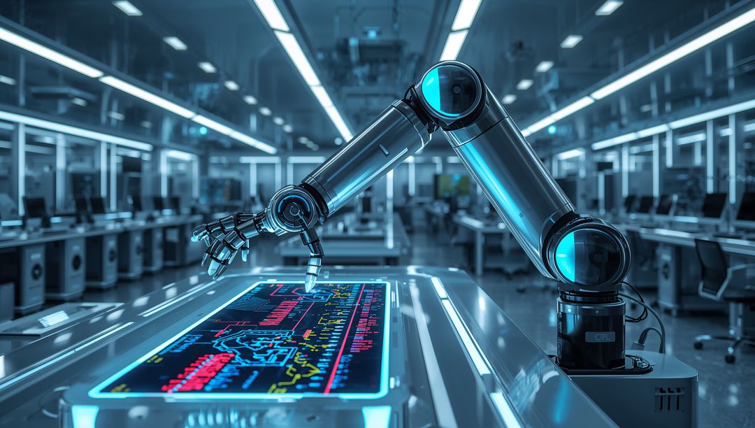 Futuristic Robotic Arm in High-Tech Lab Illuminating Data