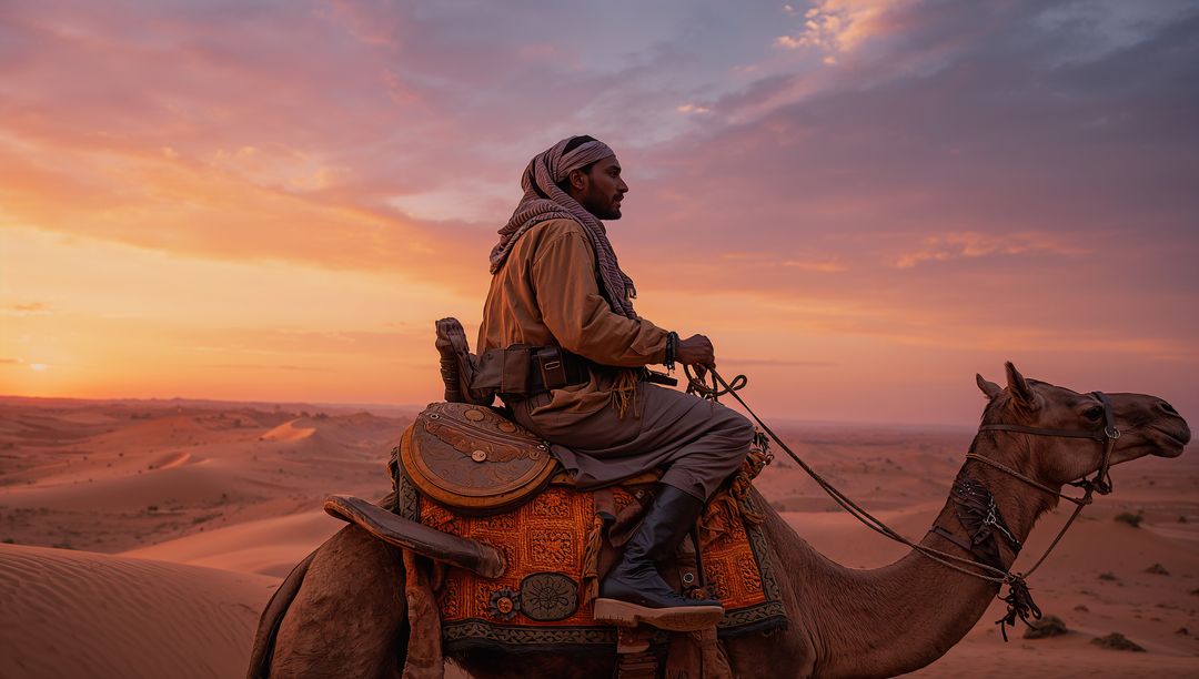 Nomadic Traveler on Camel at Sunset in Desert Landscape