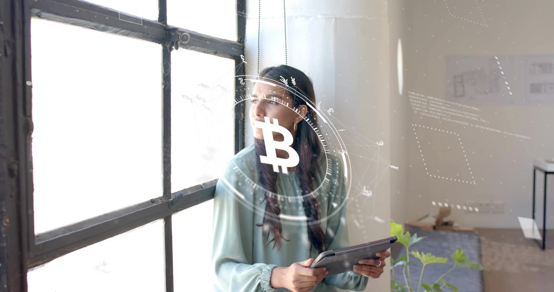 Businesswoman Engaged with Bitcoin Augmented Reality Technology in Office Setting