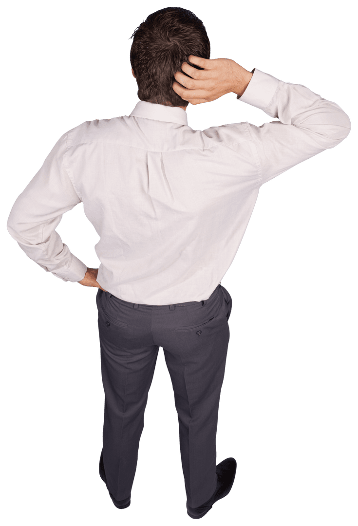 Transparent Back View of Caucasian Businessman Thinks Isolated on White Background