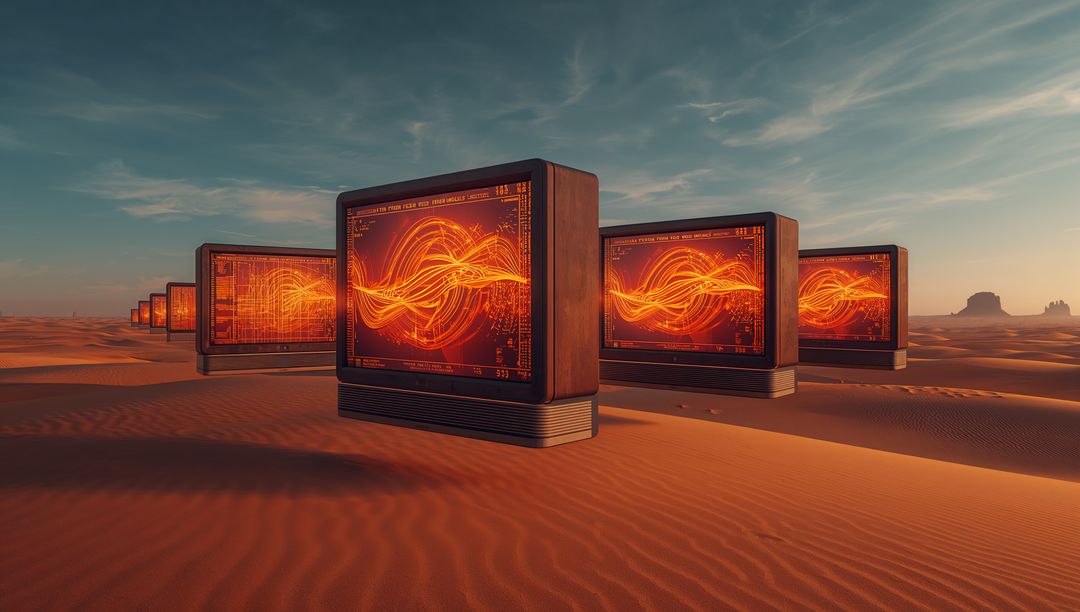 Surreal Desert Tech — Retro CRT Monitors Displaying Glowing Orange Waveforms on Sand Dunes