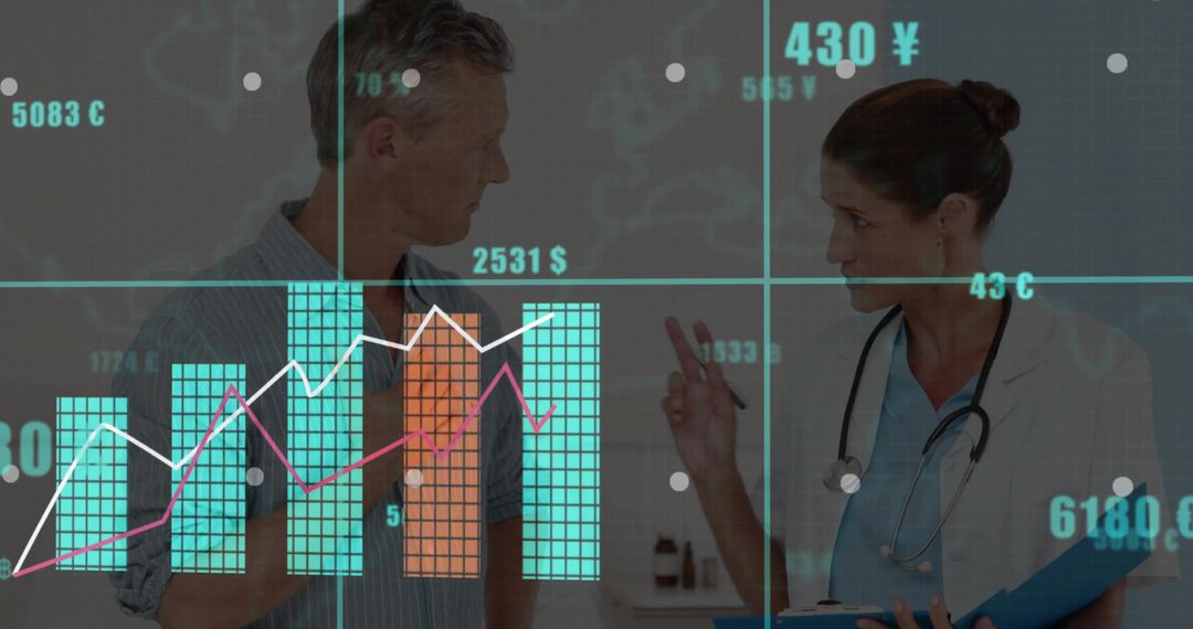 Doctor pointing while consulting patient, digital health analytics overlay showing charts
