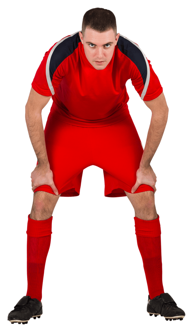 Transparent Tired Football Player Bending Over in Red Kit