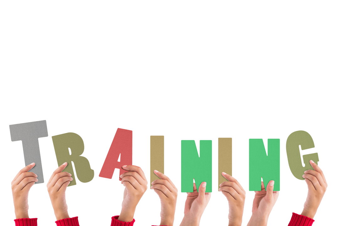 Hands Raising Colorful Training Letters on Transparent Background