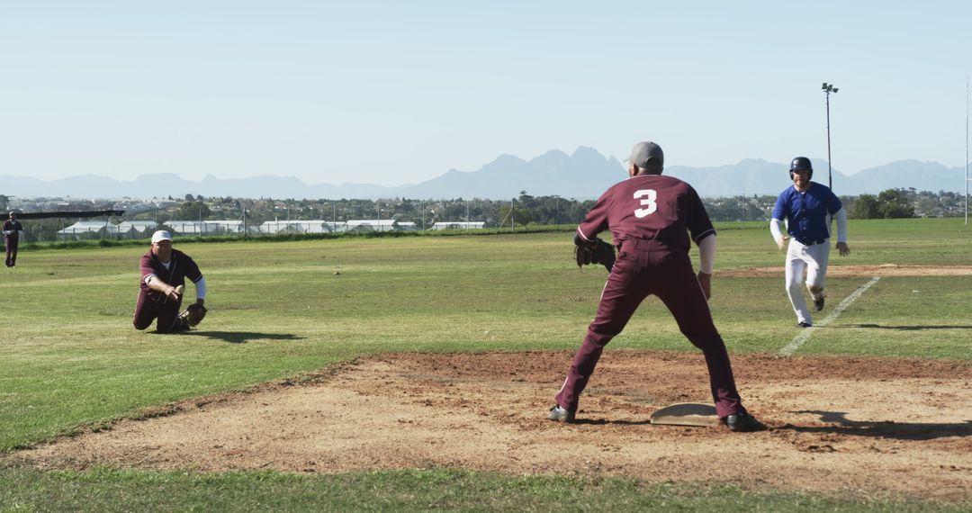 Baseball Action Scene with Pitcher and Runner on Field