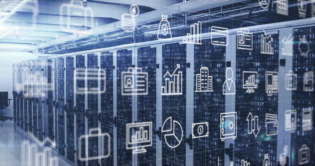 Digital Data Processing in Modern Server Room with Icon Overlay