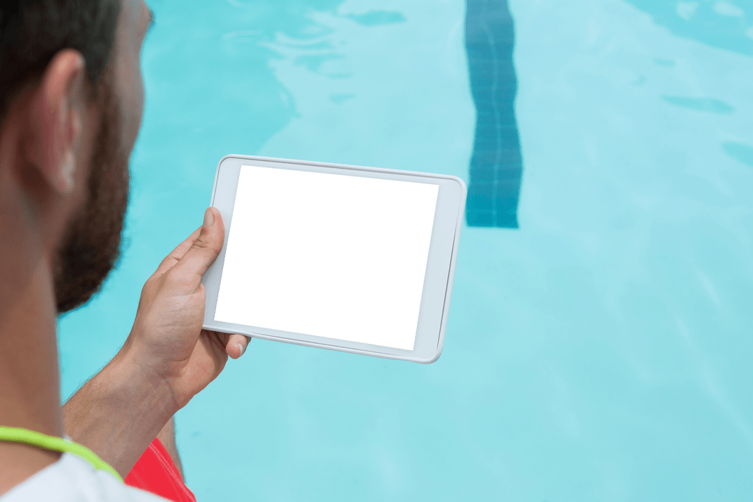Transparent Digital Tablet Mockup Held at Poolside by Lifeguard