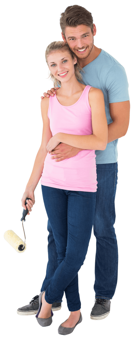 Happy Couple Painting Wall Holding Roller Brush Isolated on White Transparent Background