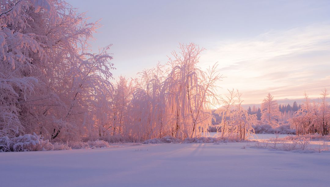 Backlit Frosted Deciduous Trees Glowing in Pastel Sunrise over Snow-Covered Field