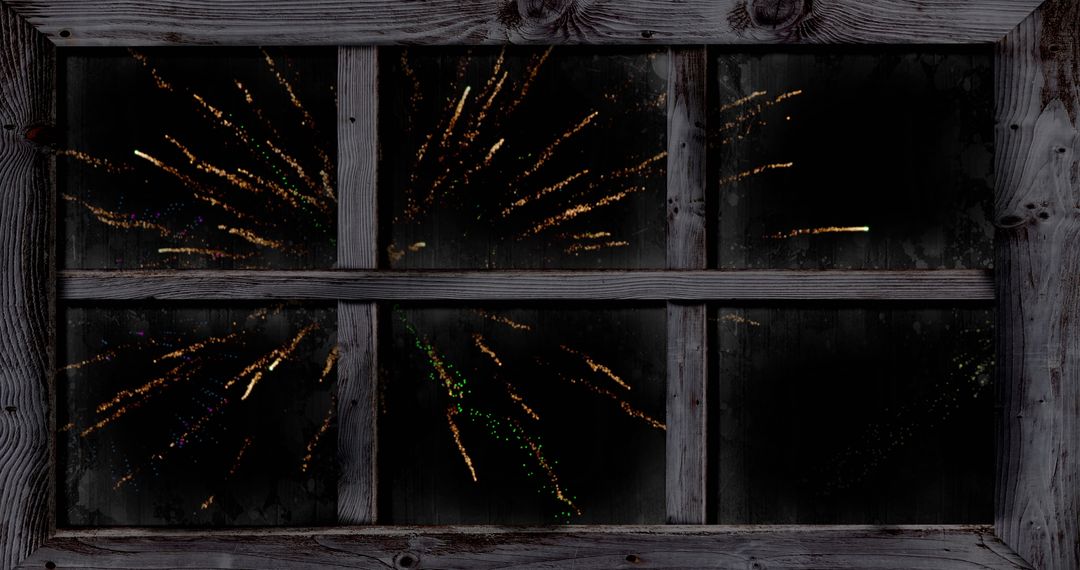 Vivid Fireworks Display Viewed Through Rustic Window
