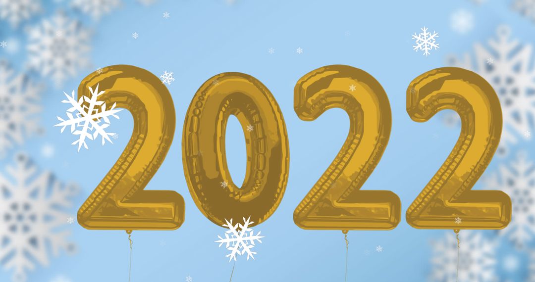Golden 2022 Balloons with Winter Snowflake Background