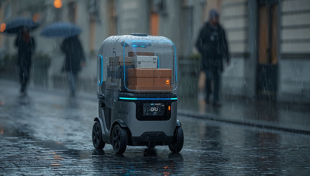 Autonomous delivery robot navigating rainy cobblestone street carrying stacked parcels