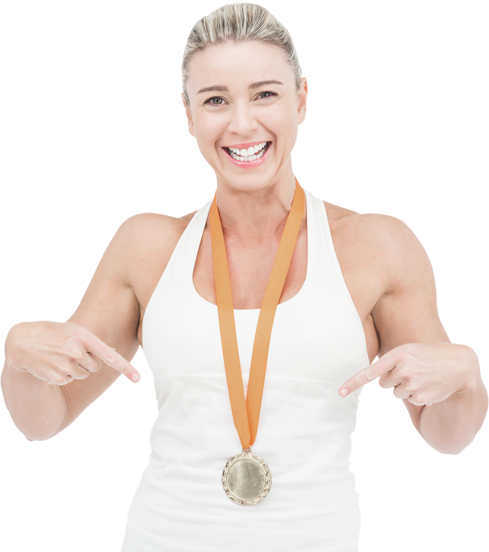 Happy Female Athlete Pointing at Medal on Transparent Background - Download Free Stock Images Pikwizard.com